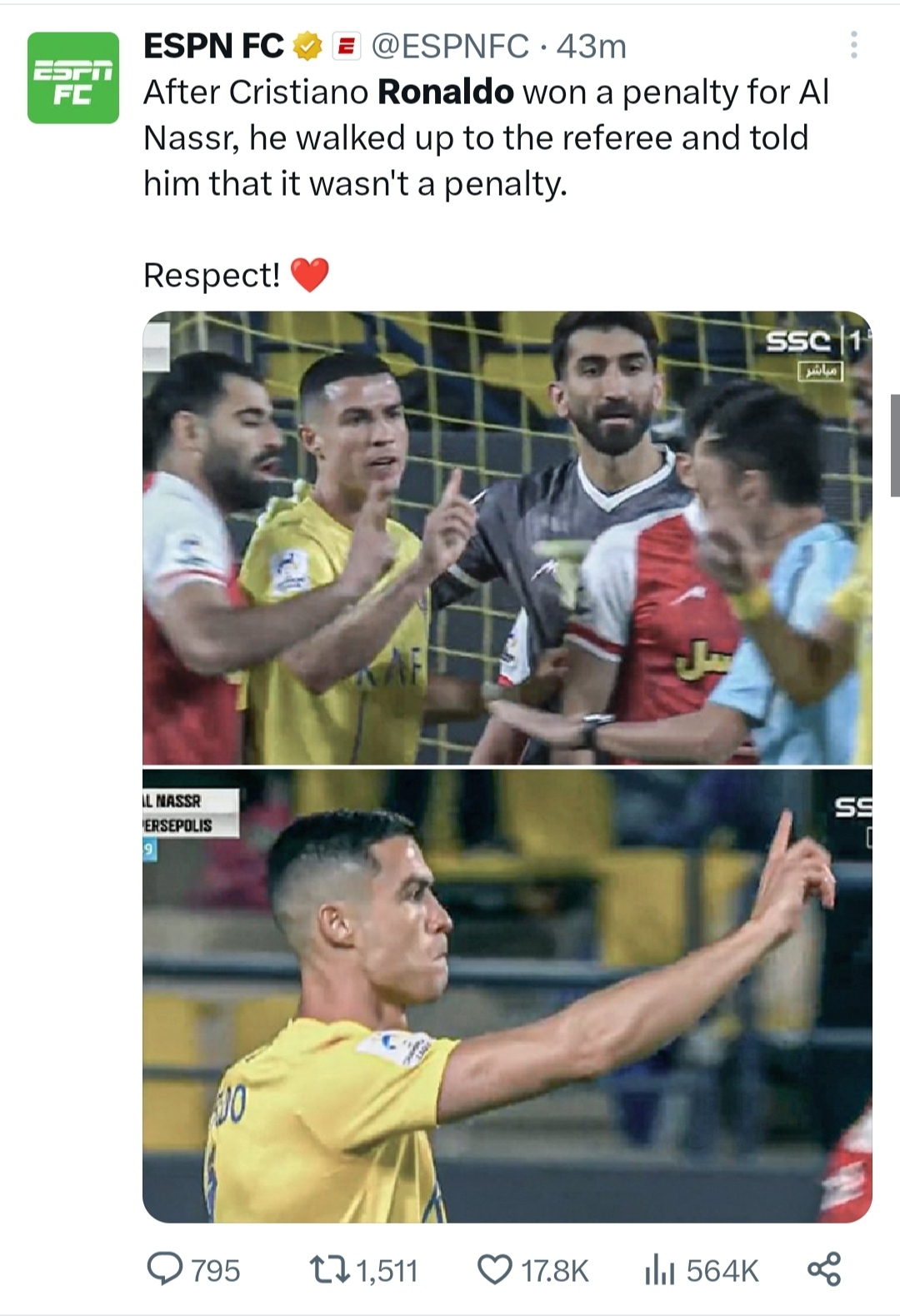 بازتاب اقدام جوانمردانه رونالدو مقابل پرسپولیس