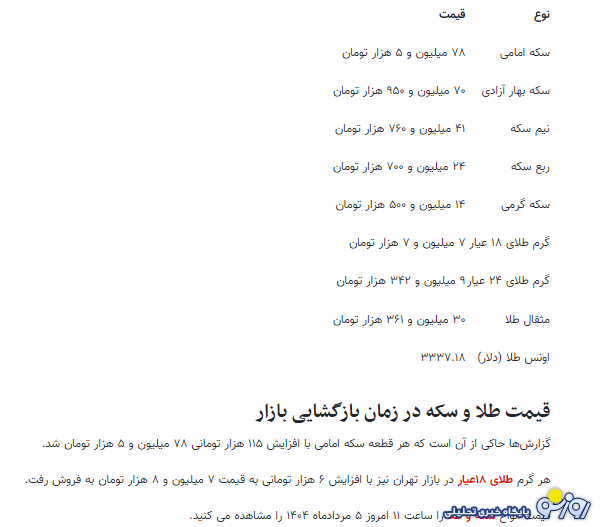 قیمت جدید طلا و سکه ۵ مرداد ۱۴۰۴