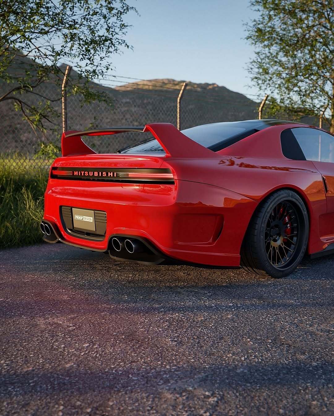 تصویری کامپیوتری و رندر شده از طرح مفهومی میتسوبیشی ۳۰۰۰GT با بازطراحی مدرن، بدنه عریض، چراغهای LED و رینگهای مشکی، که توسط روستیسلاو پروکوپ به عنوان یک سوپر GT برای سال ۲۰۲۵ بازآفرینی شده است.