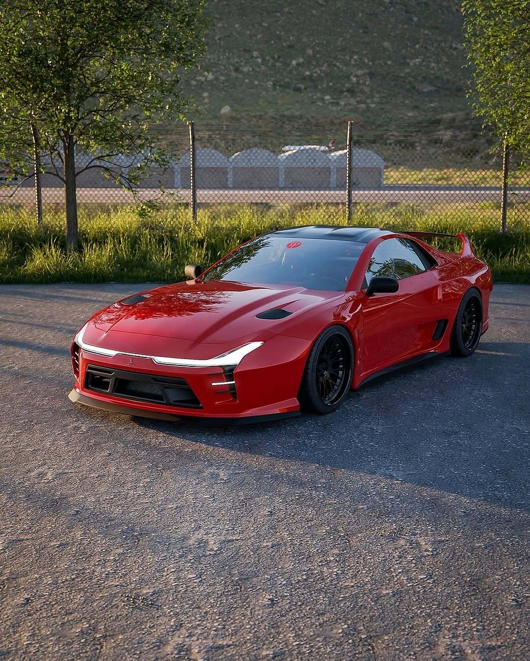 تصویری کامپیوتری و رندر شده از طرح مفهومی میتسوبیشی ۳۰۰۰GT با بازطراحی مدرن، بدنه عریض، چراغهای LED و رینگهای مشکی، که توسط روستیسلاو پروکوپ به عنوان یک سوپر GT برای سال ۲۰۲۵ بازآفرینی شده است.